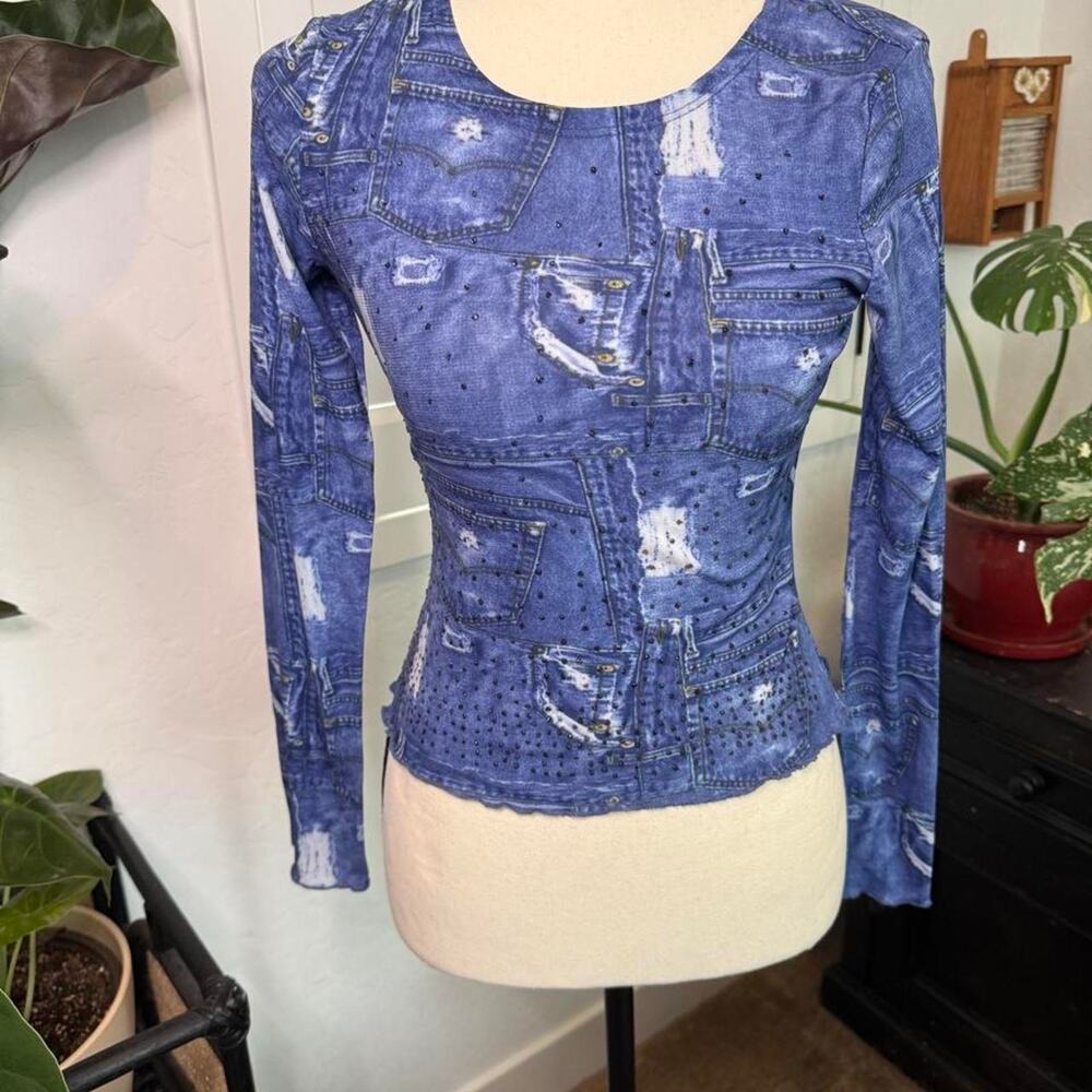 Vintage Y2K Anxiety Cafe Faux Denim Rhinestone Mesh Long Sleeve Top Medium